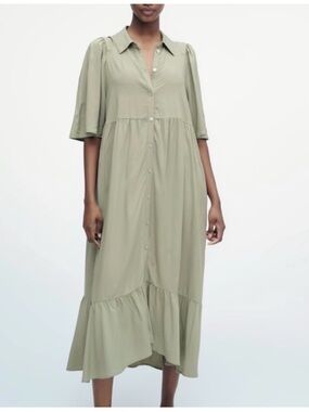 Sage Green Button-Front Tiered Midi Dress